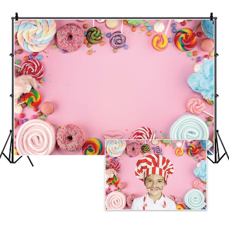 DORCEV 8x6ft Candy World Photography Backdrop for Kids Birthday Party Baby Shower Background Sweet Pink Wall Lollipop Candy Doughnut Bckground Kids Portrait Photos - Image 1